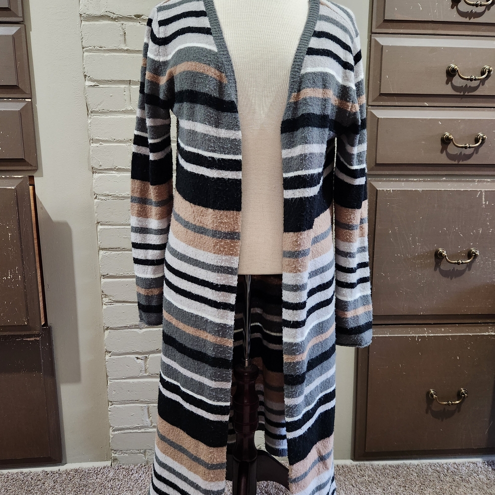 No Comment Striped Open-Front Cardigan Sweater